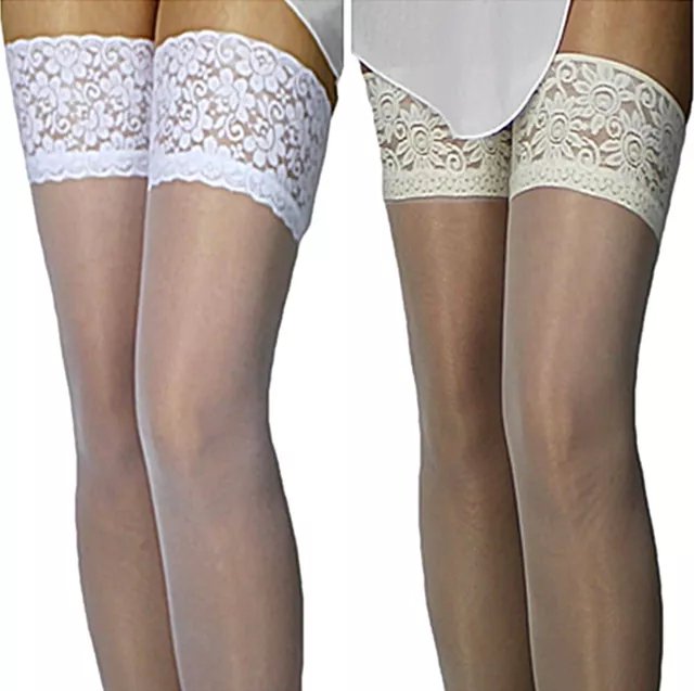 Calze sposa senza supporto pizzo largo bianco crema matrimonio con Lycra S-XXL 36-52 2