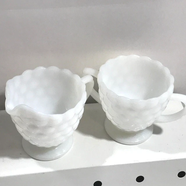 MILK GLASS BUBBLE Pattern Sugar And Creamer Set Vintage Anchor Hocking 6 Ounce