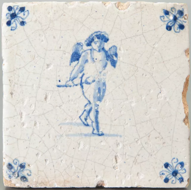 Nice Dutch Delft Blue tile, Amor with bow & arrow, 17th century.