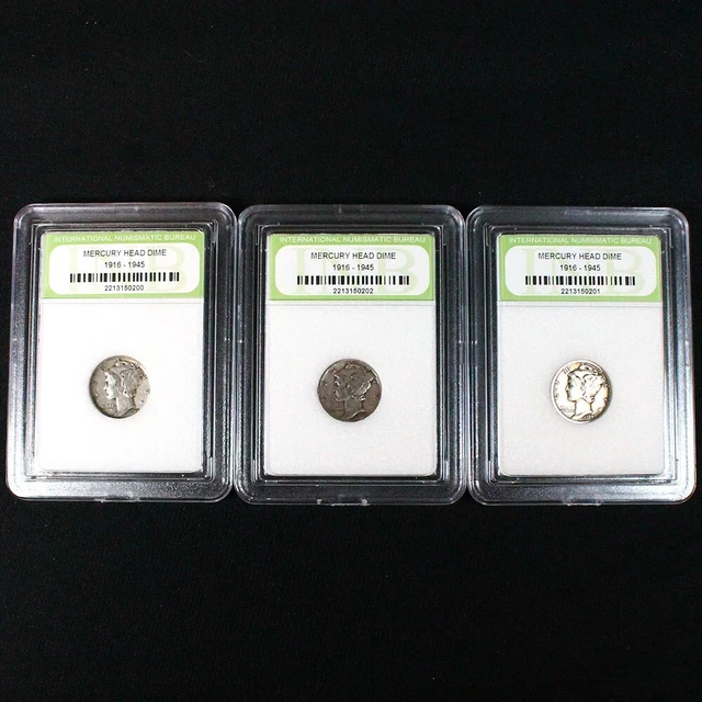 Lot of Three Slabbed U.S. Mercury Dimes - 90% Silver 14b