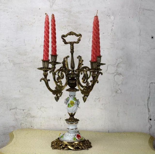 Vintage Ornate  Brass Porcelain Flowers  4  Arm Candle Holder Candelabra