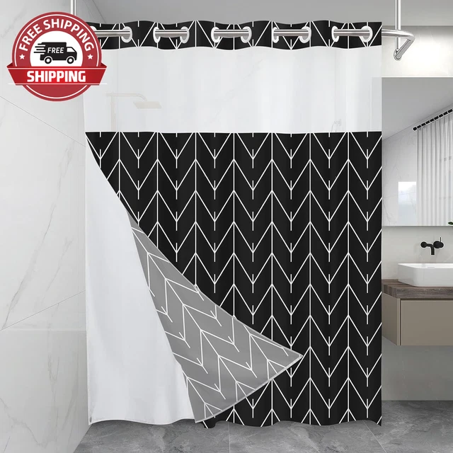 No Hook Geometric Striped Shower Curtain with Snap in Fabric Liner Set - Hotel S