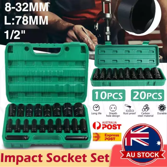 10/20PCS 1/2" inch Heavy Duty Deep Impact Socket Tool Set 8-32mm Metric Garage