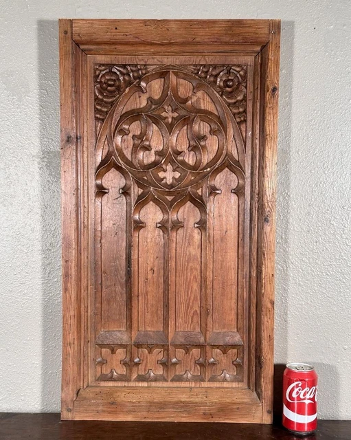 31" Tall Hand Carved French Antique Gothic Revival Pine Wood Panel