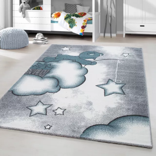 Kurzflor Kinderteppich Bärchen Wolken Kinderzimmer Babyzimmer Teppich Grau Blau