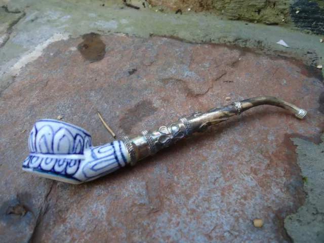 Vintage Style Bowl Smoking Pipe Blue & White Ceramic Porcelain Clay Collectable