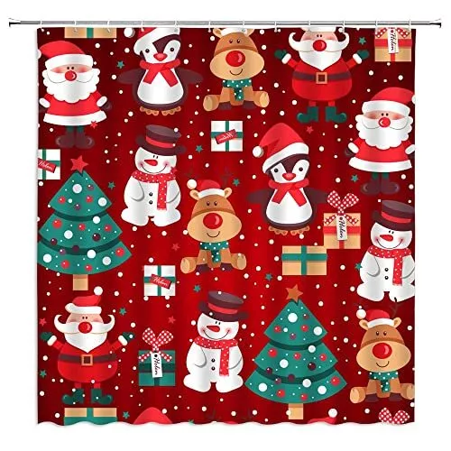 Merry Christmas Shower Curtain Cartoon Santa Claus Snowman Reindeer Penguin S...