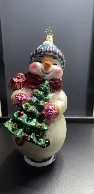 Christopher Radio Smiling Snowman With Christmas Tree Large Glass Ornament
