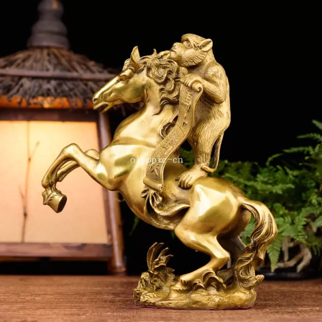 11'' brass copper carved auspicious good fortune  monkey on horse statue 2