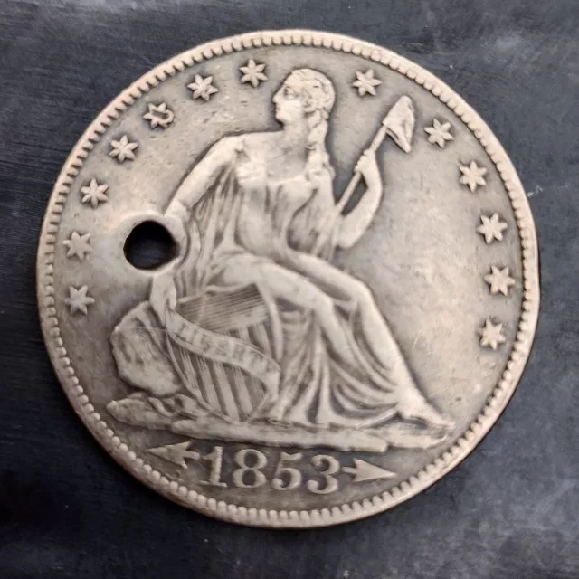 1853-O Seated Liberty Half Dollar Arrows Rays VF Details Hole Full Liberty