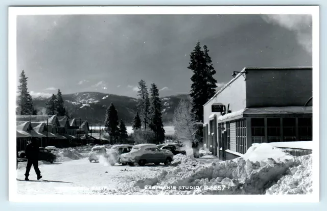 RPPC WESTWOOD, CA ~ STREET SCENE in WINTER c1950s Cars Eastman Postcard