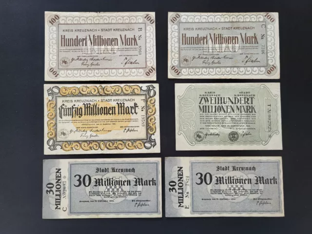 Notgeld Kreuznach 6 Scheine je 1 x 50/200 und 2 x 30/100 Millionen Mark (1923)