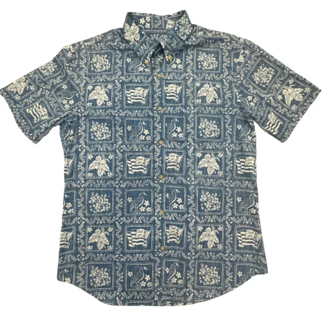 REYN SPOONER Bird Hawaiin Flag Hibiscus Floral Short Sleeve Shirt Medium Blue