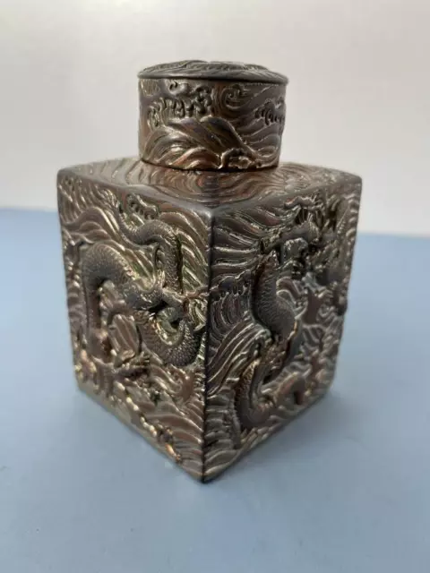 Antique 19Th Century Chinese Silver Plate Embossed Dragon Tea Caddy C.1890