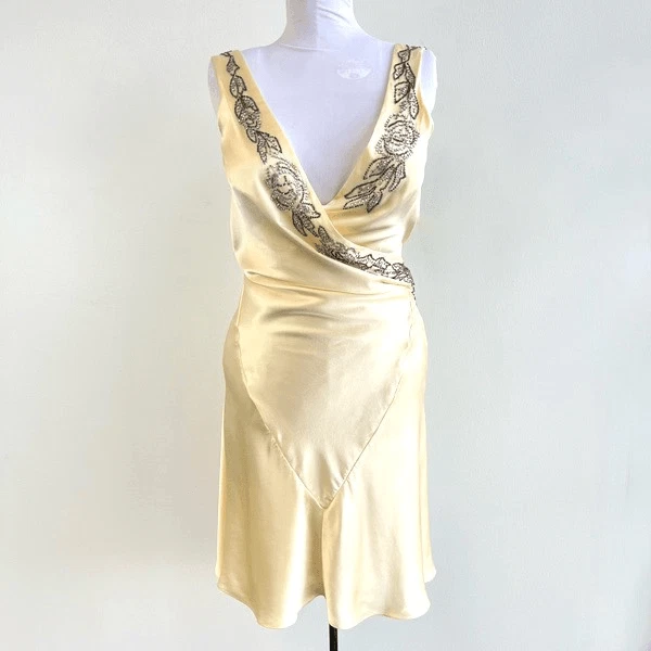NWT Jill Stuart Yellow Embroidered Floral Elegant Gown Midi Wrap Dress Size 4