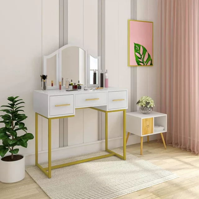 WOLTU Modern White Dressing Table Makeup Desk W/3 Mirrors & 3 Drawers Bedroom