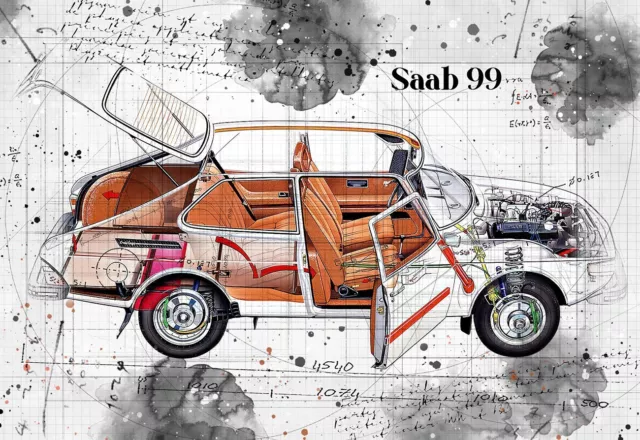 Line Tech Drawing    Saab 99    Auto Car Classic Cutaway Art Poster Print