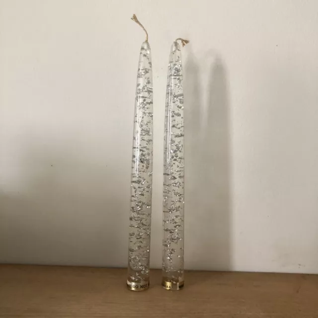 2 Vintage Clear Lucite Candlesticks With Silver Flakes 11.5” MCM