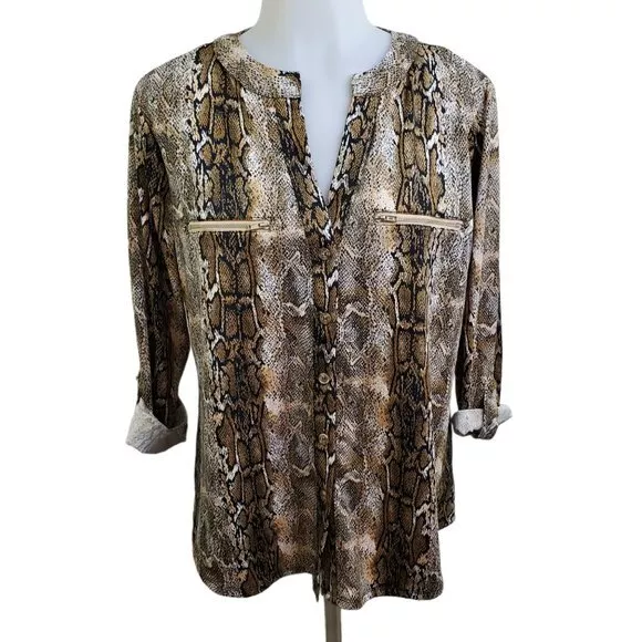 Snake Print Top M Indigo Rain Roll Tab V-neck Button Up Animal Long Sleeve