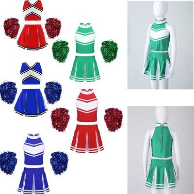 Kids Girls Cheerleading Uniform Crop Top+Skirt+Pom poms Outfits School Costume