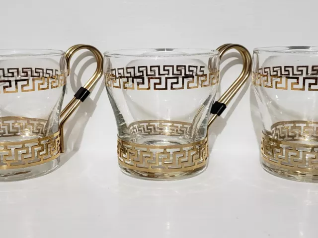 (8) Vintage Libbey GREEK KEY Coffee / Espresso Cups With Gold Filigree Handles