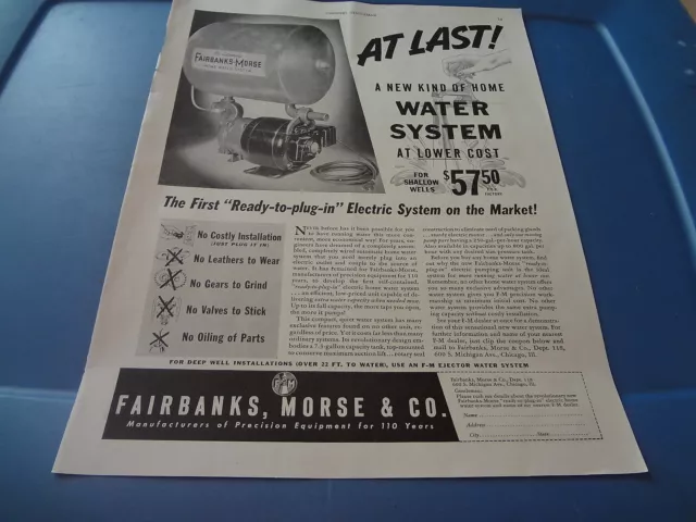 1940 Fairbanks morse Home Water System Vintage Magazine Ad "At Last! A new kind"