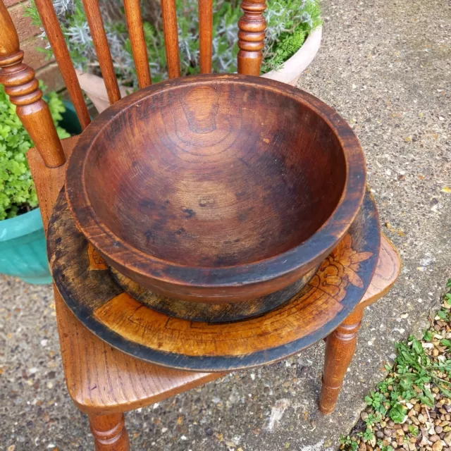 Antique Vintage Rustic Treen Kitchen Bowl And Plate