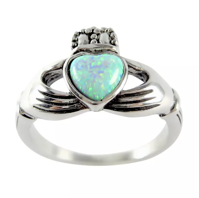 White Opal Claddagh Ring Size 5 6 7 8 9 10 11 Hypoallergenic Stainless Steel