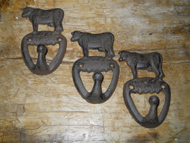 3 Cast Iron COW Towel Hanger Coat  Hat Hooks, Key Rack RANCH Hook FARM