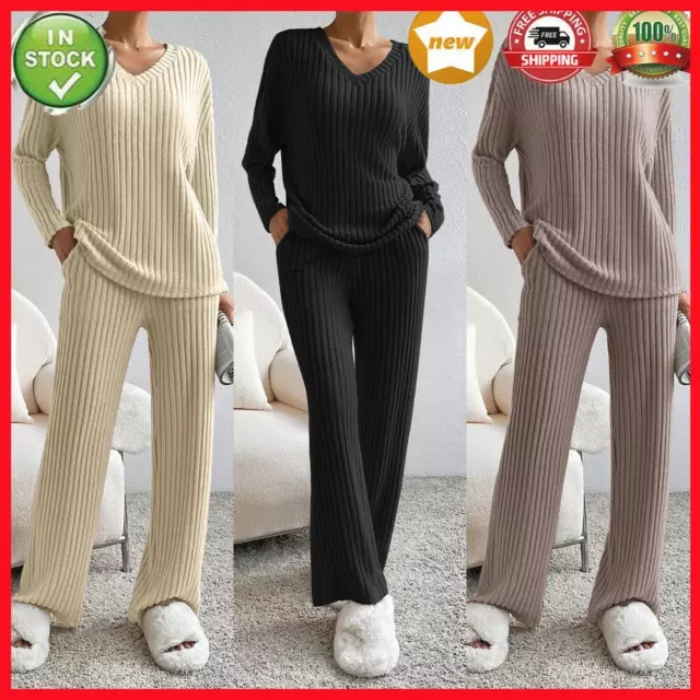 Women 2 Piece Matching Set Lounge Tops Trouser Suits Comfy Knit Loungewear Suits