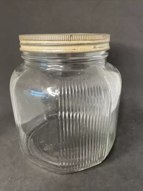 Vtg/Antq Hoosier Cabinet Canister Large Jar 1 Gallon Ribbed Glass Cookie Flour