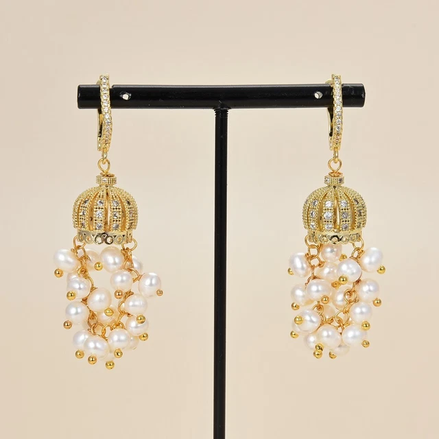Beautiful Natural White Pearl CZ Paved Gold Plated Hook Dangle Earrings For Lady