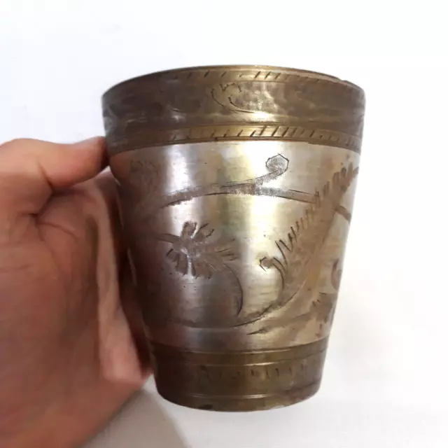 Vintage Indian Brass Cup Antique Hand Engraved Etched Lassi Old Drinking Cups 5"