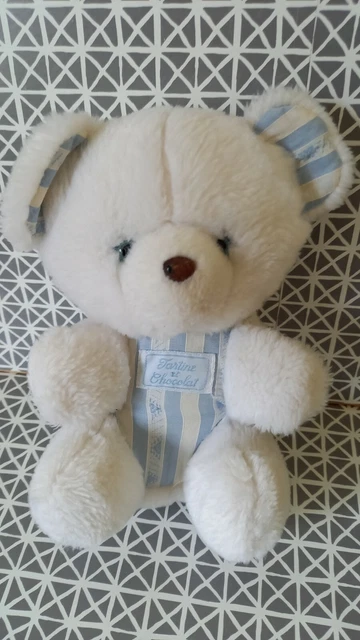 Doudou peluche grelot ours blanc bleu rayé 20 cm assis Tartine et Chocolat