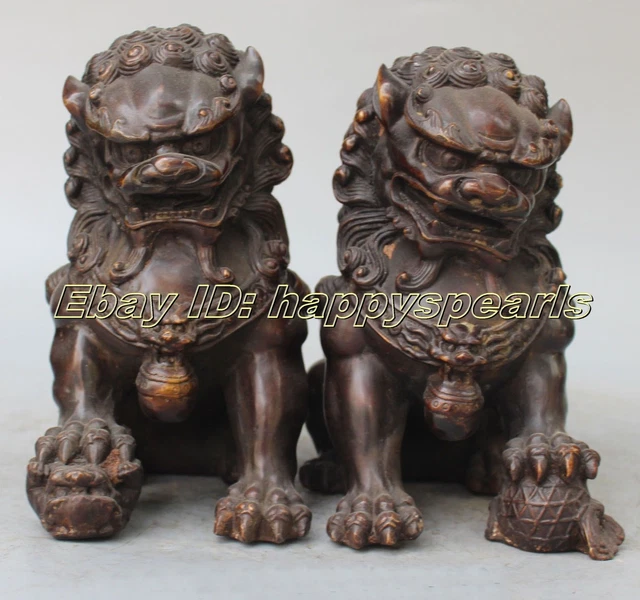 Chinese Bronze Fengshui Fu Foo Dogs Guardion Phylacter Lion Ball Pair Statue