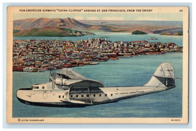 1936 Pan American Airways "China Clipper" Arrives at San Francisco CA Postcard
