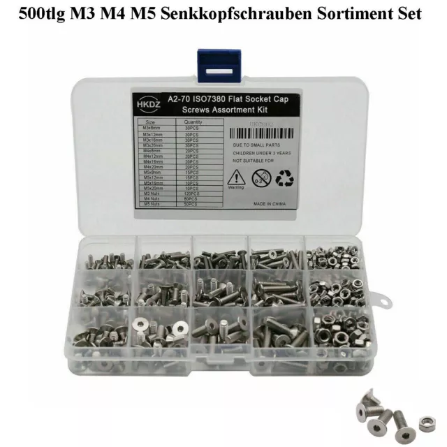 500tlg Senkkopfschrauben Muttern Sortiment Set M3 M4 M5 Innensechskant Edelstahl