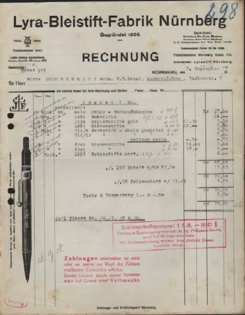 NÜRNBERG, Rechnung 1927, LYRA-Bleistift-Fabrik