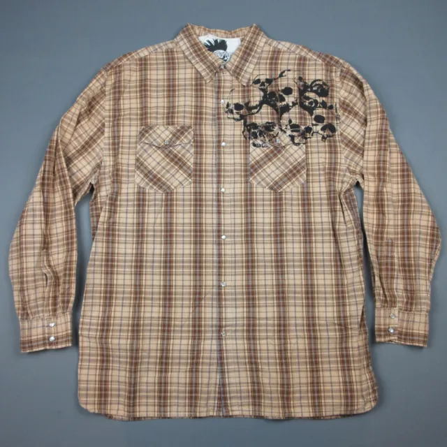 Steve Vintage Shirt Mens XL Brown Plaid Pearl Snap Pockets Western Skull Graphic