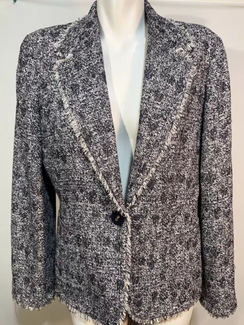 Talbots  Women Blazer 14 Tweed Navy Blue White Button down Textured