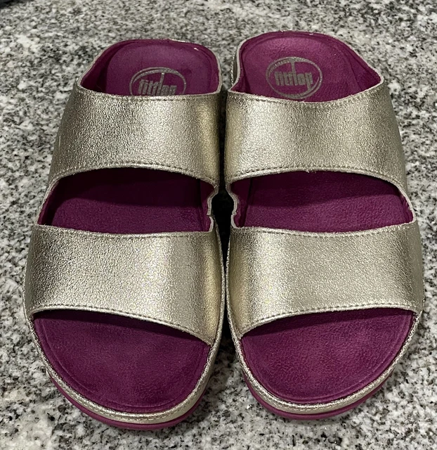 Fitflop Gold Leather & Fushia Suede Slide Sandal Size US 5