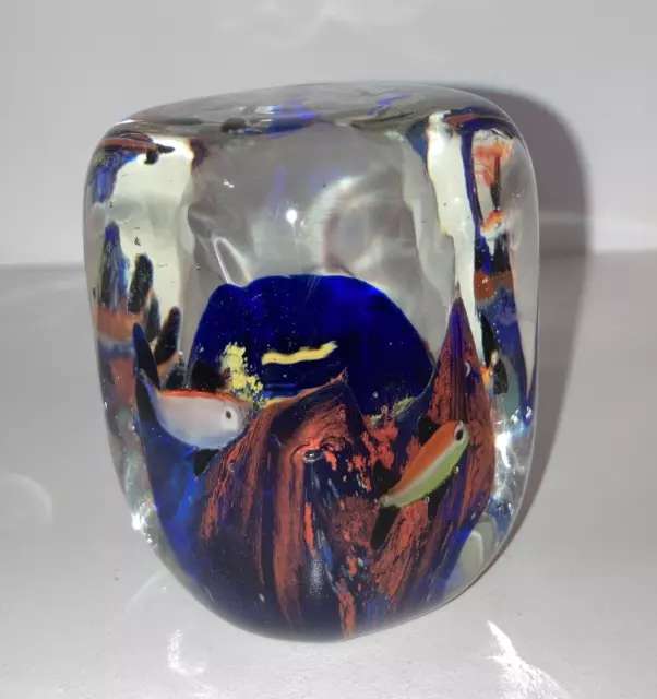 Clear Art Glass Small Square Paperweight Aquarium Sea with Tropical Fish 2.5"