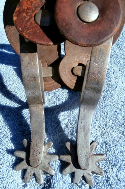 Antique Etched Band Border Stamped Leather Straps Crockett Spurs