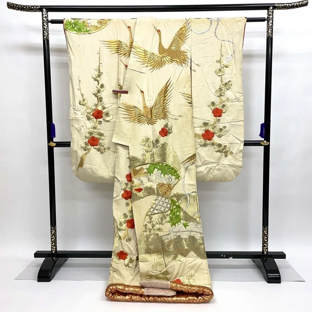 Japanese Kimono Uchikake Luxurious Wedding Embroidery Pure Silk Crane White K454 2