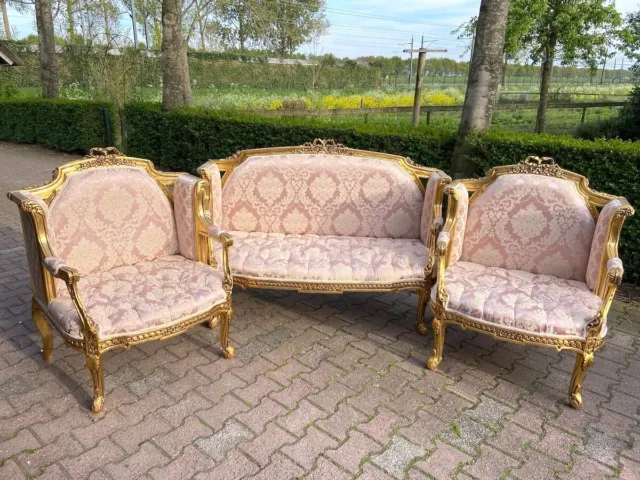 French Louis XVI Sofa Set in Pink Damask and Gold Finish - 3 Pieces