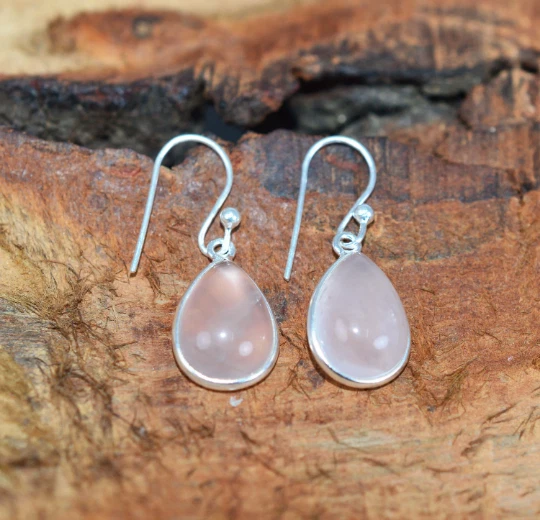 Pink Rose Quartz 925 Sterling Silver Teardrop Shape 1 PAIR Hook Earring
