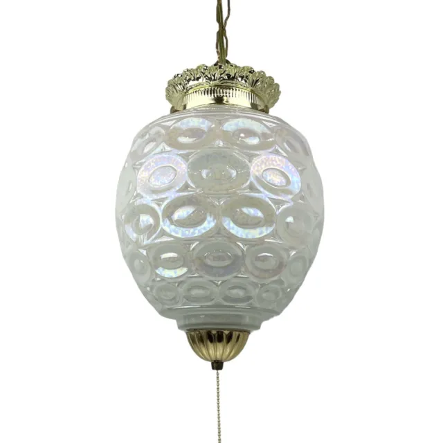 Vintage Mid Century Modern Iridescent White / Brass Art Deco Swag Hanging Lamp