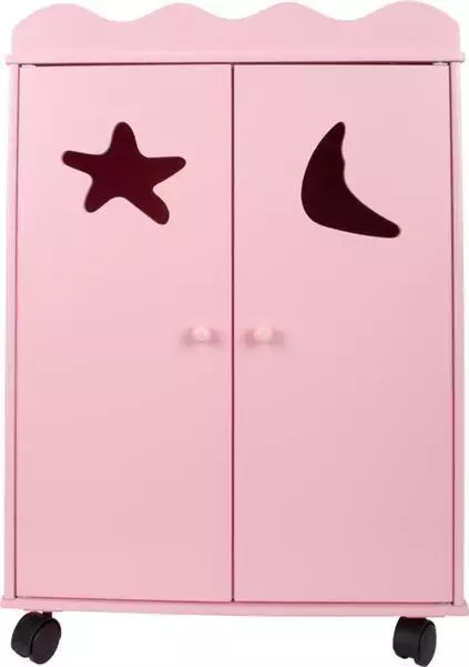 Puppenschrank, pink, Kleiderschrank für Puppen, aus Holz, mit Rollen