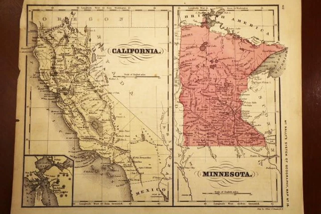 1872 Rare Antique Mcnally Atlas Map-California & Minnesota-United States