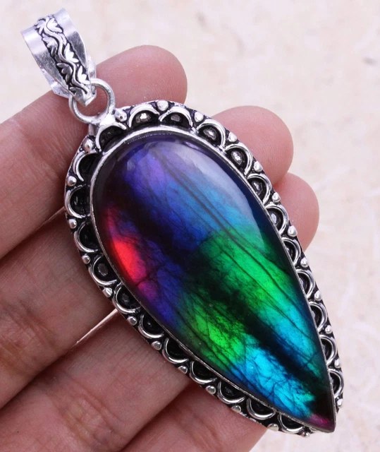 Color Enhanced Multi Fire Labradorite 925 Silver Plated Handmade Pendant of 2.8"